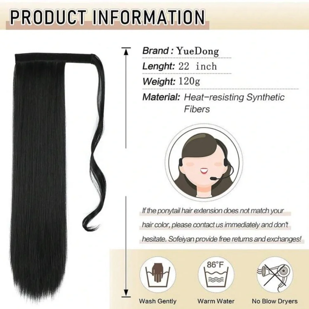22 Inches Black Long Synthetic Wrapped Ponytail Extension - Picture 6 of 6